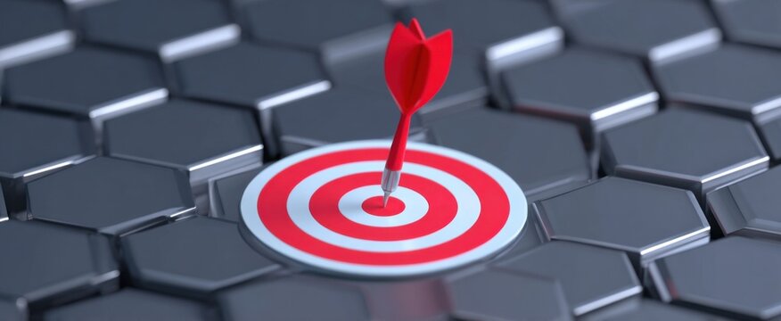 Shiny 3d metal hexagon target board set with arrow hitting the bullseye of business strategy success