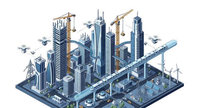 Futuristic isometric city with drones, monorail, and wind turbines