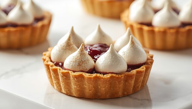 Enjoying a scrumptious meringue and jam tartlet on a white table, zoomed in. Exquisite treat.