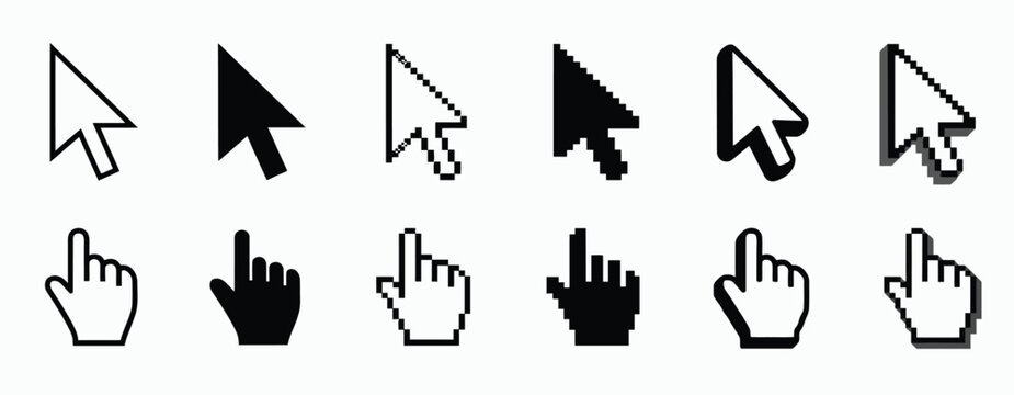 Mouse click cursor icon set. Cursor set in arrow forms. Pixel cursor icon