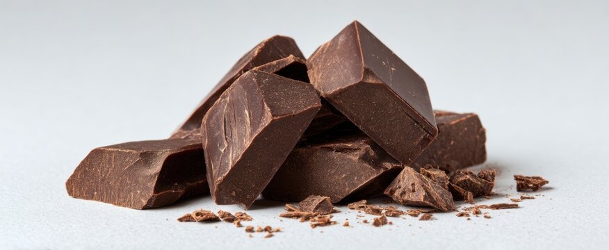 Indulge in rich dark chocolate chunks lovingly hand broken against a soft backdrop.