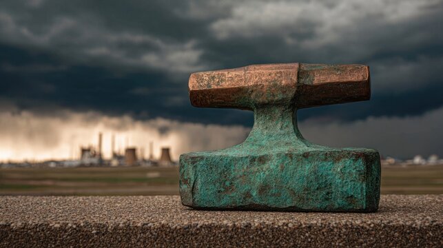 Weathered green copper chisel with a wide flat blade and rounded handle resting on a rough surface against dramatic cloudy sky and distant cityscape