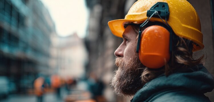 Industrial worker wearing bright orange ear muffs and protective helmet in urban construction environment