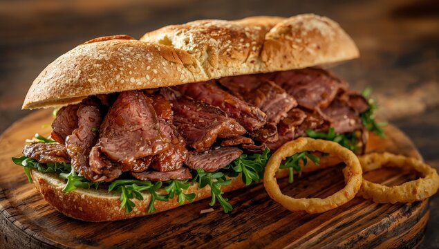 Classic roast beef sandwich with arugula and onion rings on Italian ciabatta, featured on a rustic wooden board.