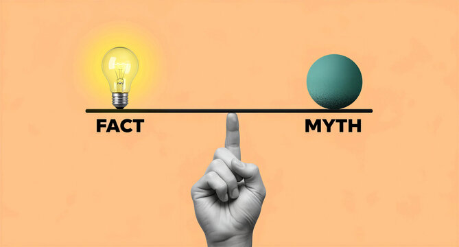 Hand balancing a scale with a glowing lightbulb for fact and a sphere for myth. Conceptual illustration shows the balance of truth and misinformation. Useful for fact-checking and media literacy.