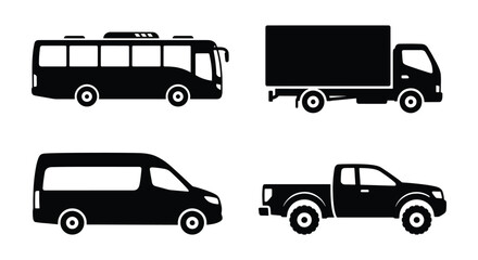 Commercial vehicle silhouette set, black transport icons of bus and delivery truck, cargo van and pickup truck vector collection for logistics © Farid