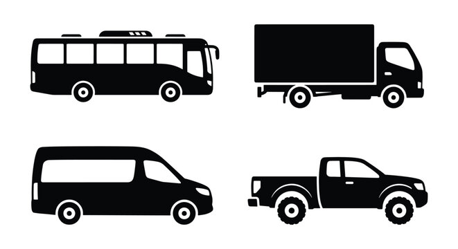 Commercial vehicle silhouette set, black transport icons of bus and delivery truck, cargo van and pickup truck vector collection for logistics