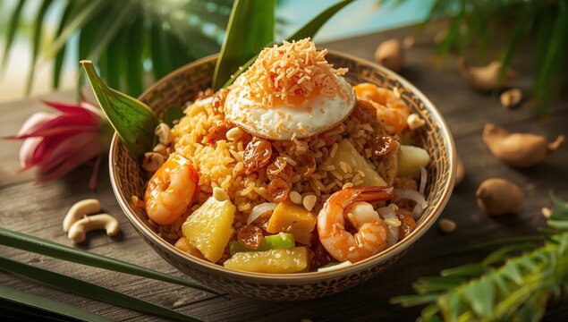 Fried rice with pineapple, raisins, cashews, onion, prawn, chicken, egg, and pork floss.