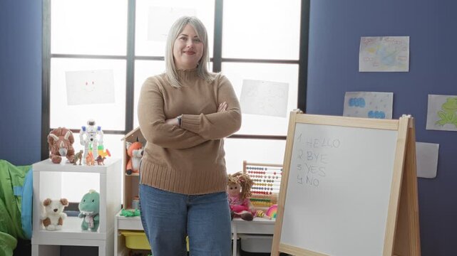 Woman teacher smiling with arms crossed beside whiteboard and easel in a classroom building with toys, abacus and wall drawings; confidence.
