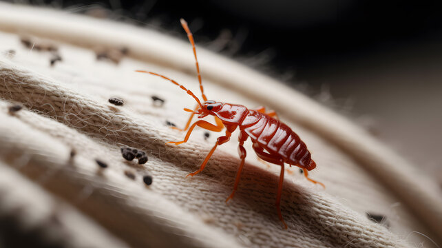A close-up view of a bed bug on a mattress with eggs on transparent background