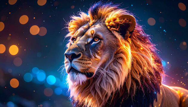 Majestic lion portrait with vibrant glowing neon artistic lighting.