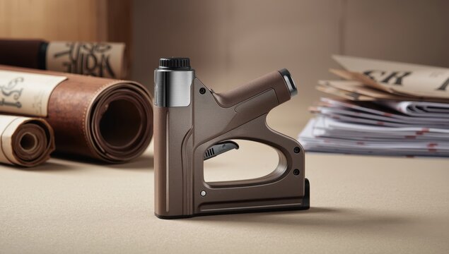 Portable stapler for securing leather to wooden or plastic frames in vehicles and furniture.