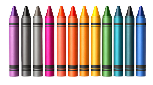 Ultra realistic HD colorful crayons set arranged neatly, isolated on white background