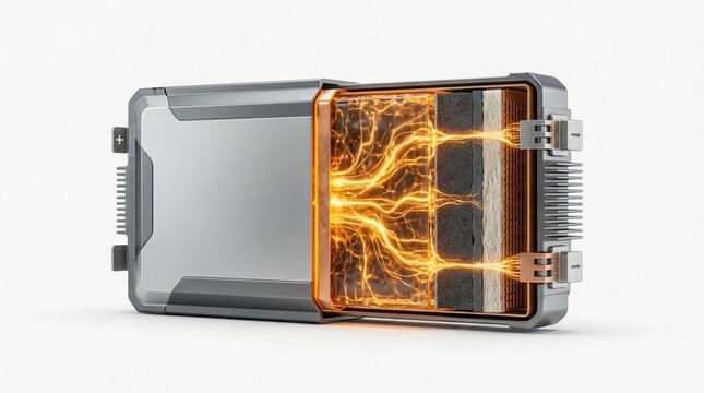 Cross-section of a high-tech electric vehicle battery cell with glowing energy flow and internal components on white background