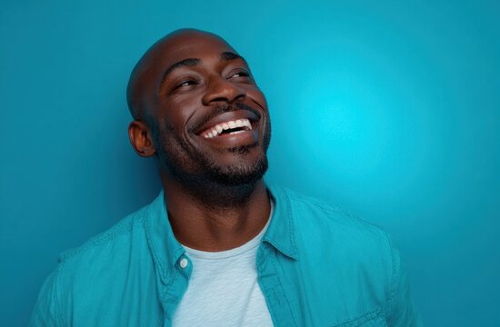 Joyful black man wearing a turquoise shirt smiling against bright blue background