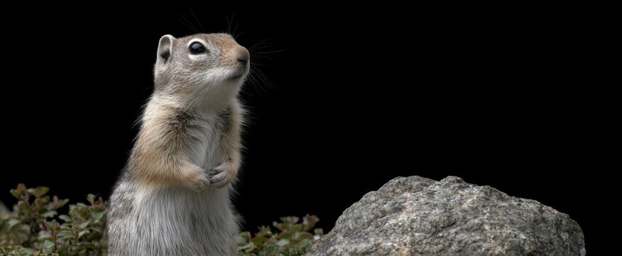 Cheerful ground squirrel stands tall like a tiny sentinel with its paw raised in greeting