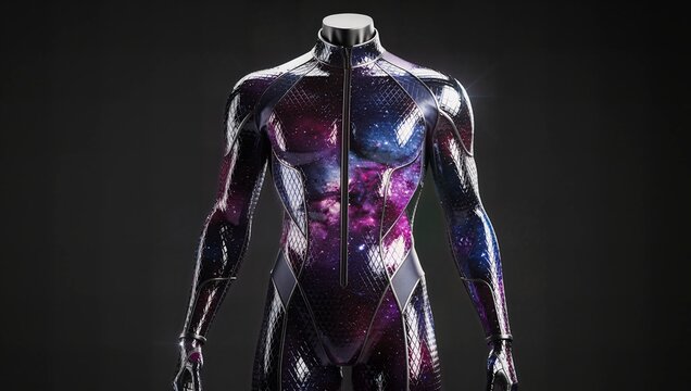 Futuristic Galaxy Pattern Sci-Fi Bodysuit on Mannequin with Metallic Nebula Textures