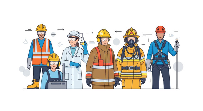 Diverse professional workers in safety gear, illustration, teamwork, industry, safety, teamwork, illustration