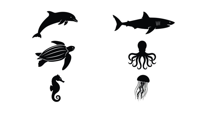 Marine animal silhouette vector set, black sea creature icons including shark and dolphin, 6 aquatic wildlife elements for ocean conservation