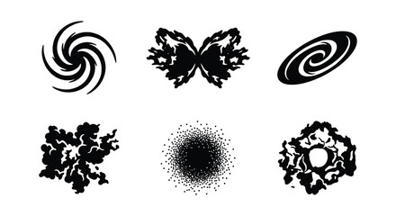 Abstract cosmic shapes and galaxy swirls vector set, black ink splash and nebula cloud icons, 6 celestial space elements for logo design © Farid