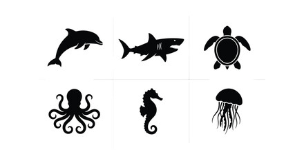 Sea animal silhouette icons set, black marine life vector collection, 6 aquatic creature symbols including shark and dolphin for ocean branding © Ehsanur