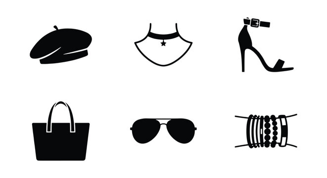 Minimalist fashion accessories icon set, black silhouette female style elements, 6 vector illustrations of beret, high heel, handbag and sunglasses