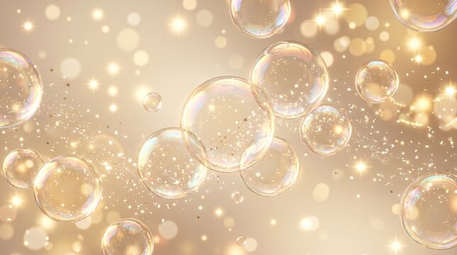 Abstract background of shiny transparent glass bubbles and clear blue liquid drops forming round crystal spheres with light white reflections in an artistic water display