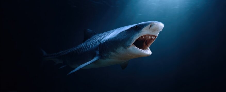 Solitary tiger shark glides like a dagger jaws agape flaunting its fierce teeth.