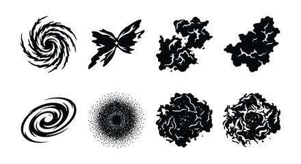 Black celestial space silhouettes, set of 8 cosmic galaxy and nebula vector icons, hand drawn astronomical vortex and star cluster shapes © Farid