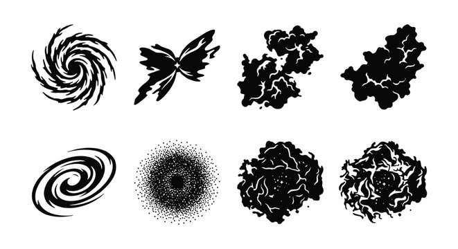 Black celestial space silhouettes, set of 8 cosmic galaxy and nebula vector icons, hand drawn astronomical vortex and star cluster shapes