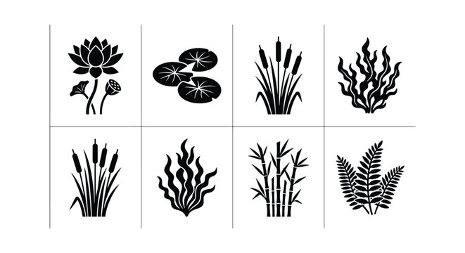 Minimalist aquatic plant icons, black silhouette water flora set of 8 vector elements, botanical lotus and seaweed symbols for nature branding