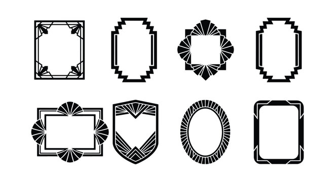 Art Deco vintage frames set, 8 black geometric border vectors, elegant 1920s Gatsby style decorative labels, luxury wedding invitation ornaments