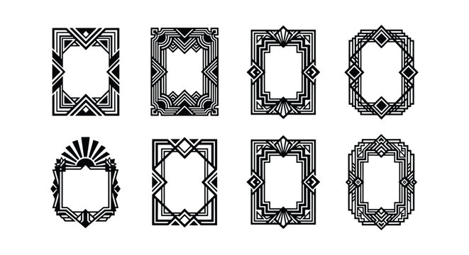 Art Deco vintage frames collection, 8 black geometric border vectors, 1920s Gatsby style decorative ornaments, elegant luxury line art frames