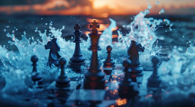 Cinematic shot of a chessboard breaking on thin ice with game pieces plunging into water. Concept of geopolitical instability, strategic risk, and systemic collapse.