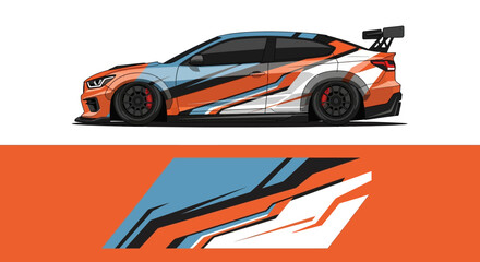 Side view race car featuring orange blue white livery with bold graphic branding. © AhzaArdiansyah