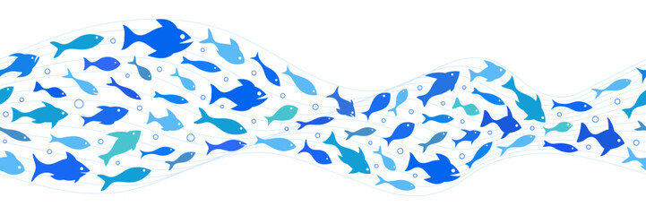 Fototapeta premium Shoal of fish, seamless border, sea wave, stylized vector illustration, isolated on white background