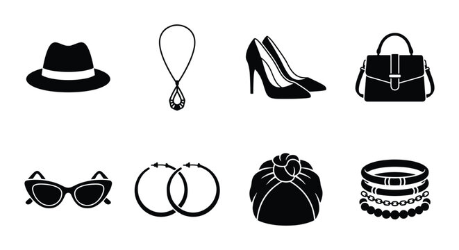 Fashion accessories icon set, black silhouette female clothing elements, 8 vector icons including jewelry and shoes for retail and boutique design