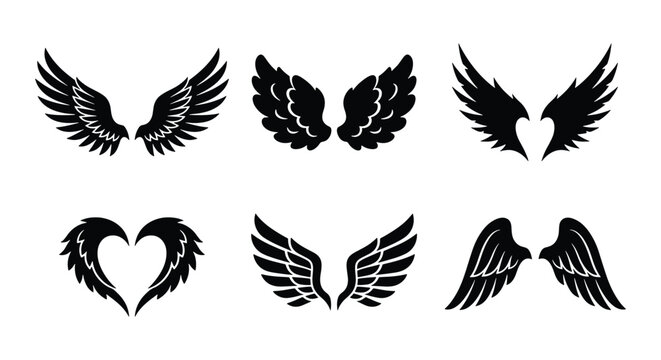 Black angel wings vector set, 6 pairs of heraldic bird wing silhouettes, gothic eagle wings for tattoo design and logo branding