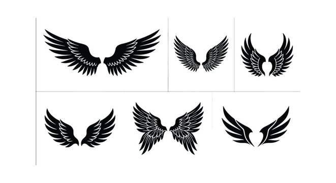 Black eagle wings vector set, heraldic bird wing silhouettes, 6 pairs of tribal tattoo wing icons, gothic angel and phoenix feather elements