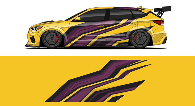 Sleek yellow race car with bold purple stripes and dynamic side profile on vibrant background.