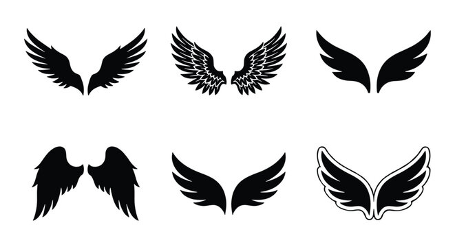Black wing silhouettes set, 6 pairs of decorative feathered wings, heraldic angel and eagle wing icons, vector graphic elements for logo design
