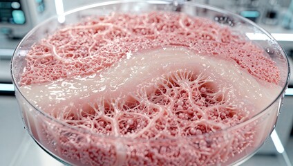 Fototapeta premium Cultured laboratory-grown vascular organoid tissue in a glass petri dish for medical research