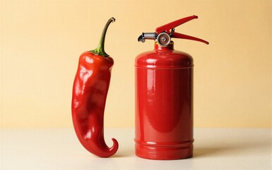 Obraz premium Red chili pepper and fire extinguisher side by side on a plain