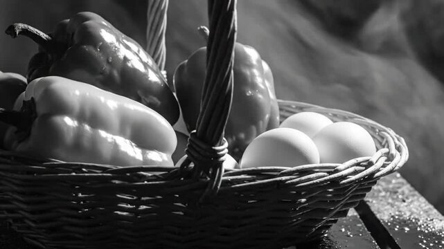 Black and White Wicker Basket Filled with Bell Peppers and Fresh White Eggs with Atmospheric Lighting