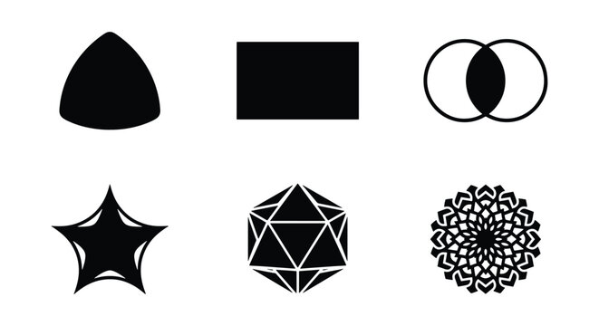 Minimalist geometric shapes collection, black abstract icons set of 6 vectors, modern linear symbols for logo design and branding