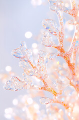 Naklejka premium Transparent glass coral branches with orange speckles. Clear crystal marine element with prismatic reflections. Summer refreshment concept