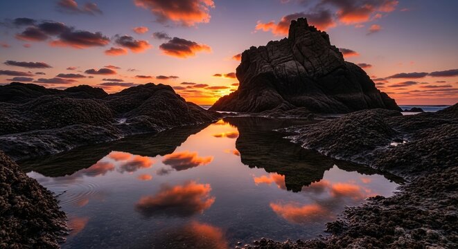 Dramatic Sunset Over Twin Sea Stacks with Coastal Reflection in Rock Pool