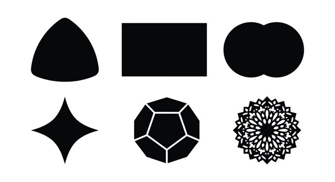 Minimalist geometric shapes set, black silhouette icons of 6 abstract symbols, modern graphic design elements for logos and branding