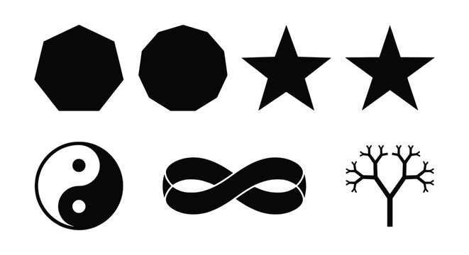 Minimalist black geometric icons set, collection of 7 vector symbols including yin yang and infinity sign, abstract star and polygon shapes