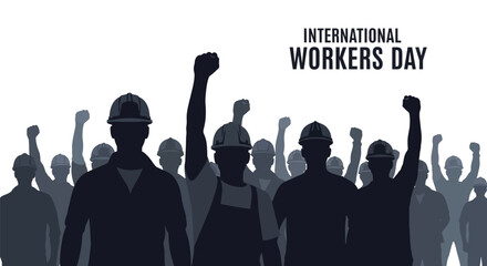 International workers day illustration with silhouettes of raised fists and workers © MITHUN